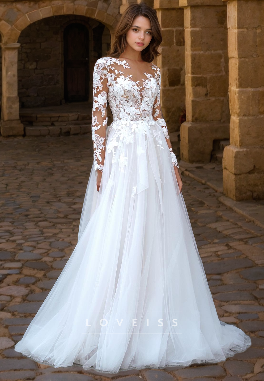 V-Neck Long Sleeves Appliques A-Line Wedding Dress