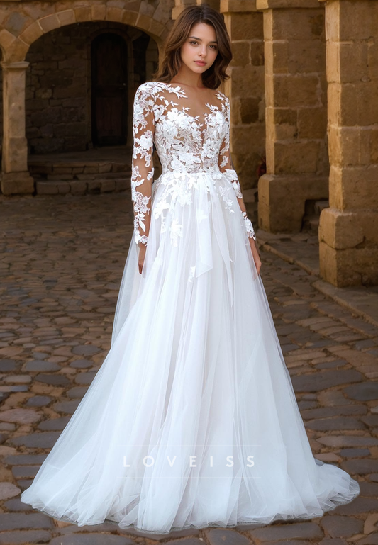 V-Neck Long Sleeves Appliques A-Line Wedding Dress