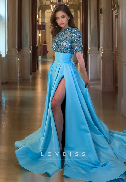 High Neck Half Sleeves Sequins High Slit A-Line Prom Dress