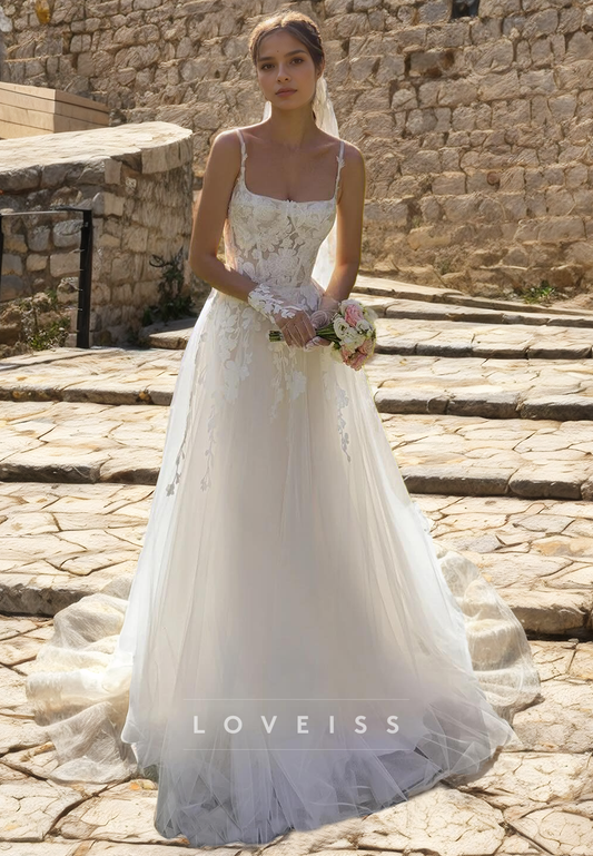 Square Sleeveless Appliques Tulle A-Line Beach Wedding Dress