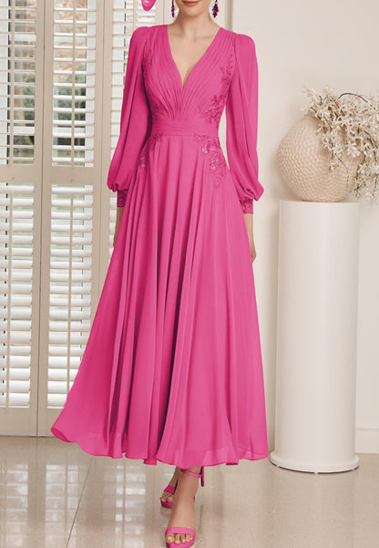 A Line V Neck Chiffon Pleats Appliques Long Sleeves Mother of the Bride Dress for Wedding