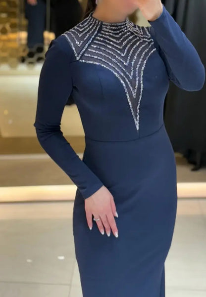 Half High Necck Long Sleeves Beaded Mermaid Evening Dress