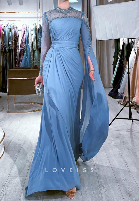 Half High Neck Long Sleeves Beaded Ruched Sheath Mother of Bride Dress