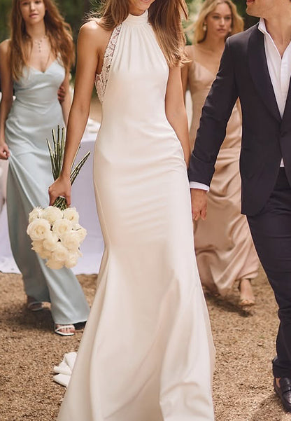 Halter Backless Appliques Mermaid Beach Wedding Dress