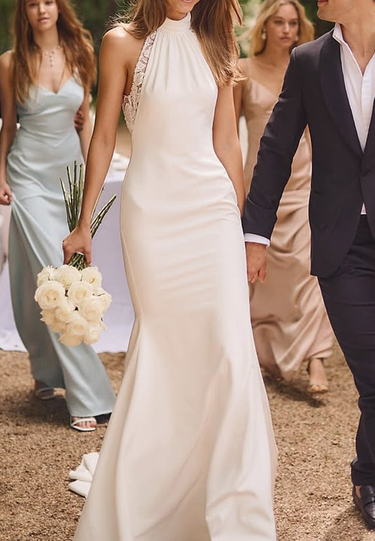 Halter Backless Appliques Mermaid Beach Wedding Dress