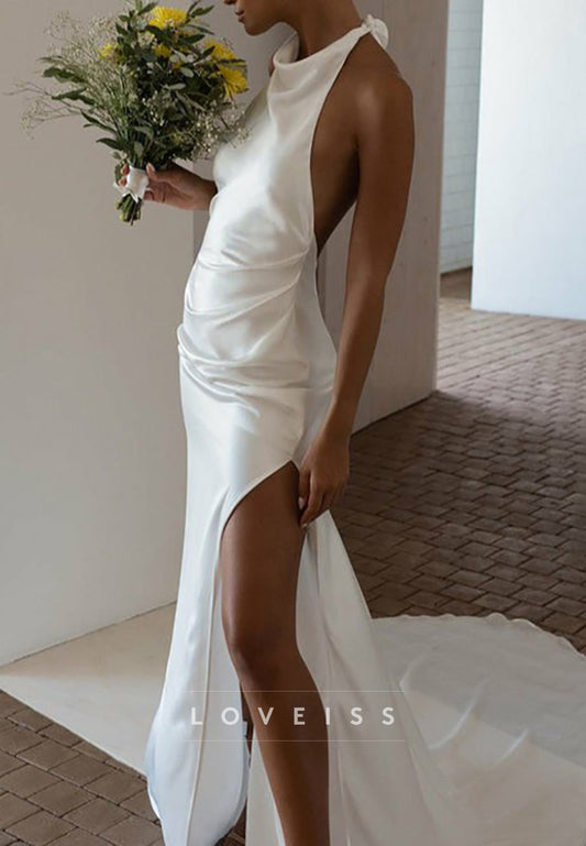 Halter Backless Side Slit Sheath Beach Wedding Dress