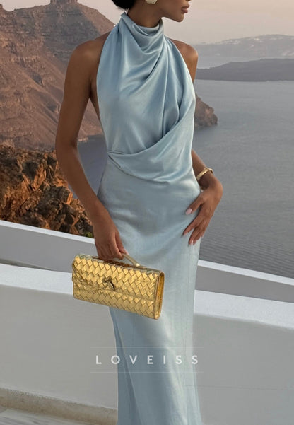 Halter Backless Sleeveless Sleek Pleatedd Mermaid Evening Dress