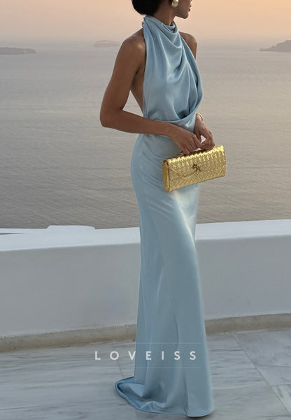Halter Backless Sleeveless Sleek Pleatedd Mermaid Evening Dress