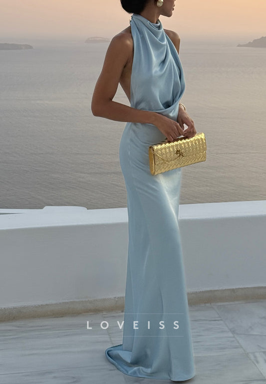 Halter Backless Sleeveless Sleek Pleatedd Mermaid Evening Dress