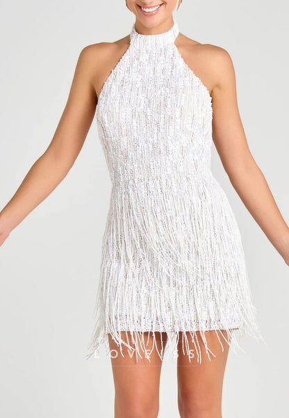 Halter Beaded Fringe Sheath Short Wedding Dress