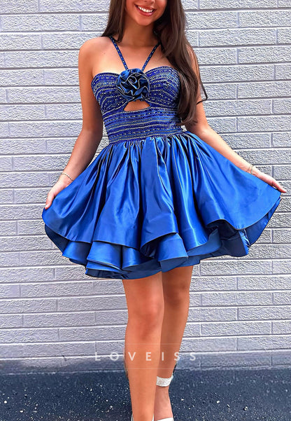 Halter Beaded Pleated A-Line Short Homecoming Dress