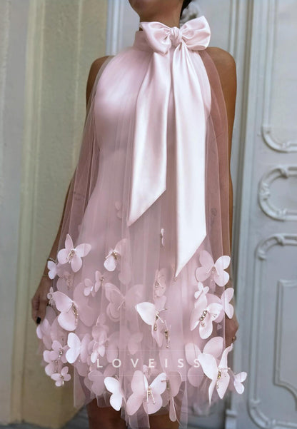 Halter Bow Floral Embellished A-Line Short Evening Dress