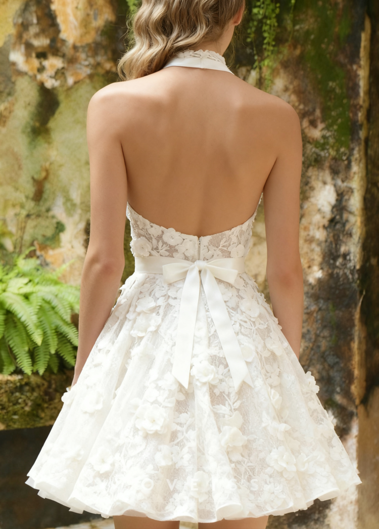 Halter Floral Embellished A-Line Short Wedding Dress