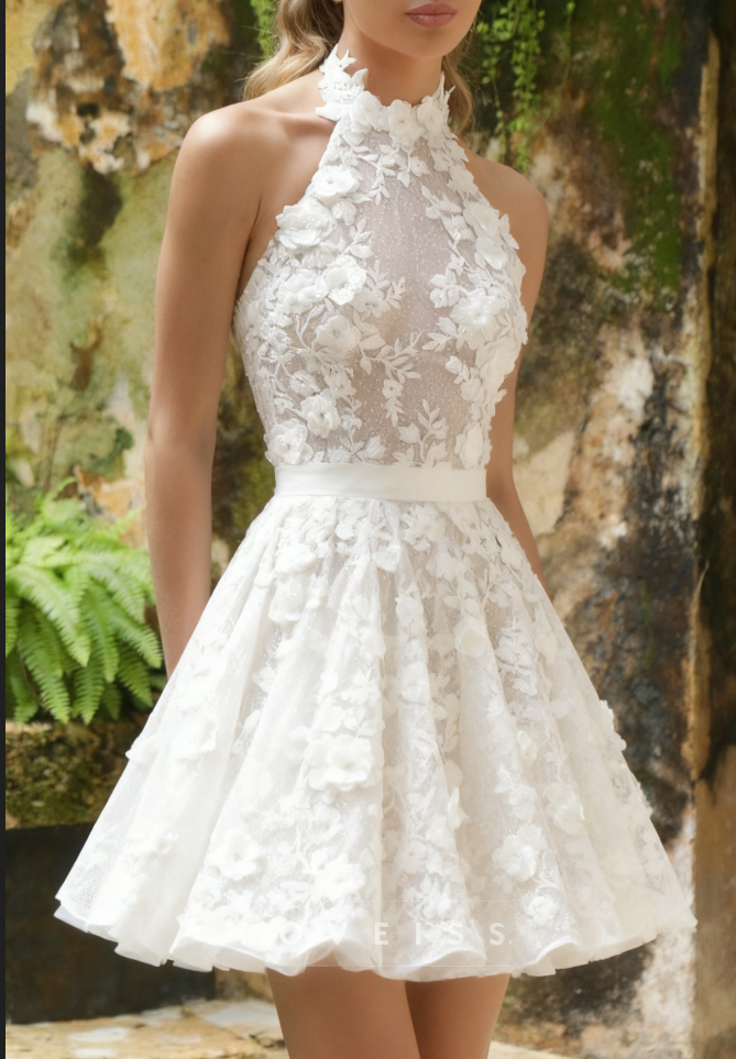 Halter Floral Embellished A-Line Short Wedding Dress