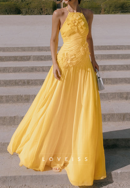 Halter Floral Embellished Pleated A-Line Prom Dress