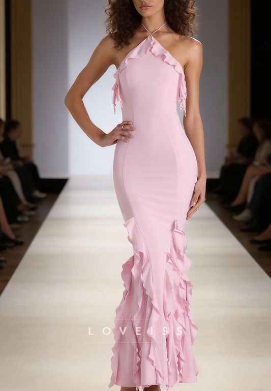 Halter Ruffles Sleeveless Maxi Dress Mermaid Prom Dress