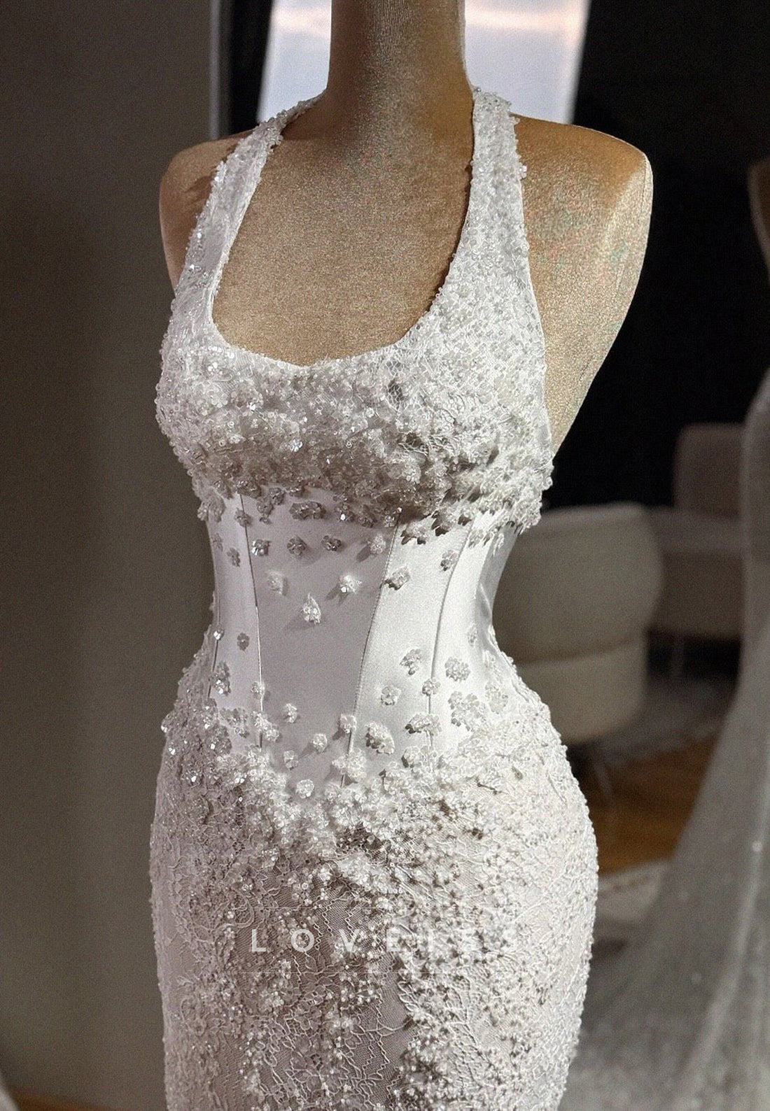 Halter Scoop Lace Appliques Beaded Mermaid Wedding Dress