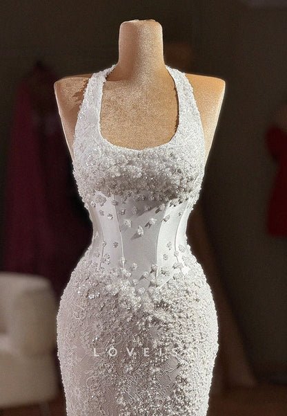Halter Scoop Lace Appliques Beaded Mermaid Wedding Dress