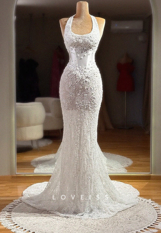 Halter Scoop Lace Appliques Beaded Mermaid Wedding Dress