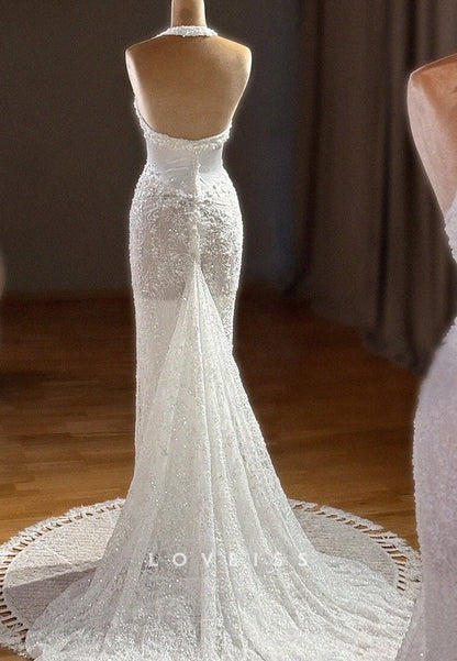 Halter Scoop Lace Appliques Beaded Mermaid Wedding Dress