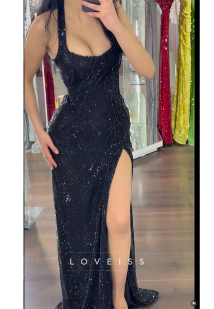 Halter Scoop Straps Beaded Embroidery Sparkly Sheath Prom Dress
