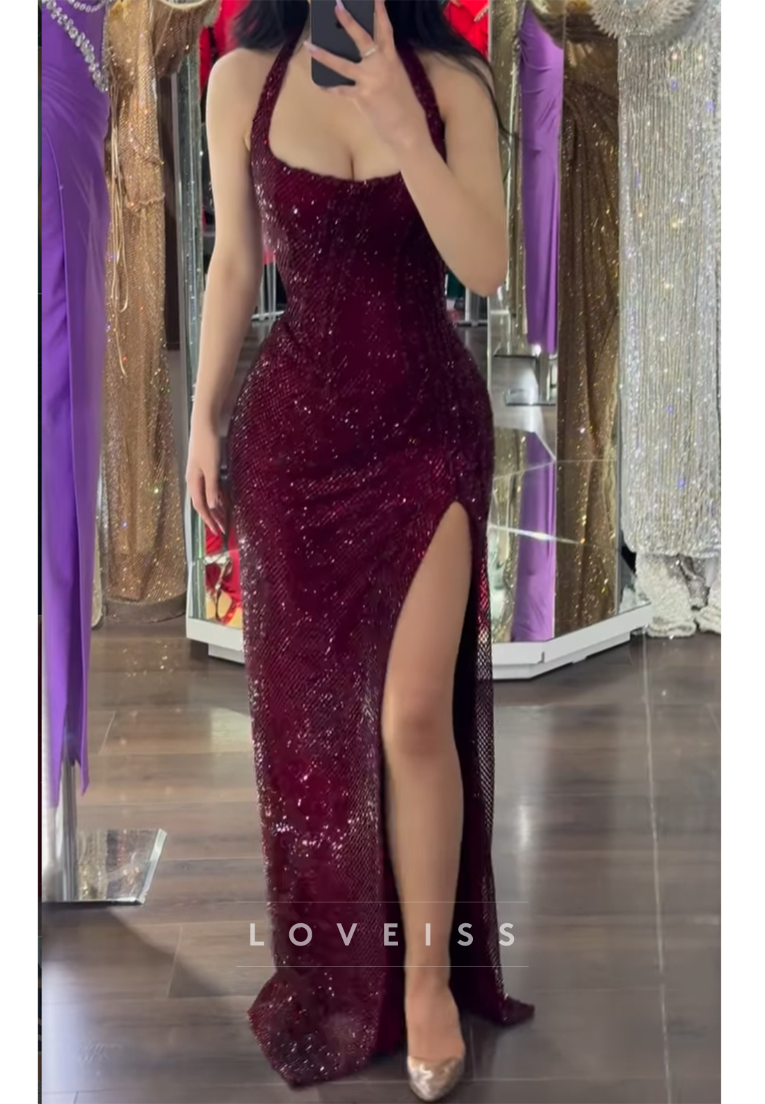 Halter Scoop Straps Beaded Embroidery Sparkly Sheath Prom Dress