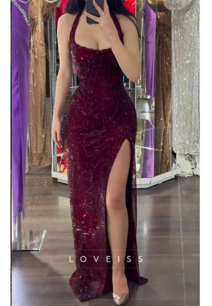 Halter Scoop Straps Beaded Embroidery Sparkly Sheath Prom Dress