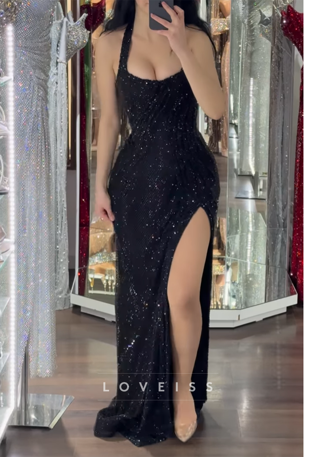 Halter Scoop Straps Beaded Embroidery Sparkly Sheath Prom Dress
