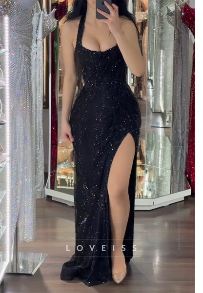 Halter Scoop Straps Beaded Embroidery Sparkly Sheath Prom Dress
