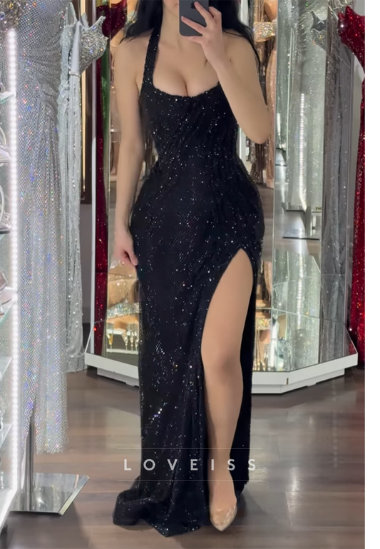 Halter Scoop Straps Beaded Embroidery Sparkly Sheath Prom Dress