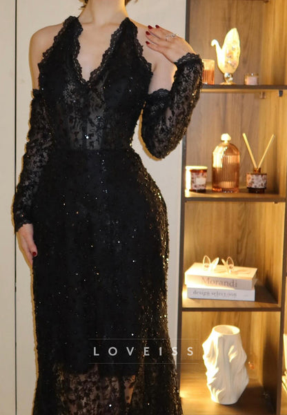 Halter Sequins Appliques Prom Dress V-Neck Evening Dress