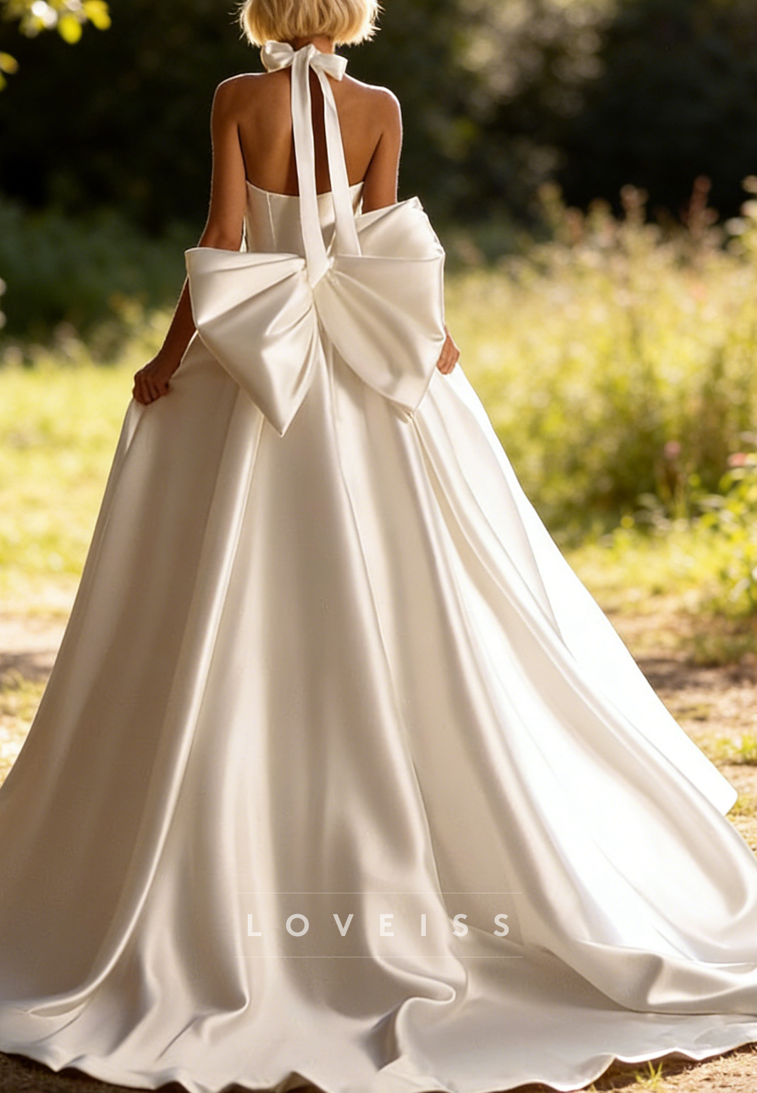 Halter Sleeveles Mikado Satin A-Line Bow  Wedding Dress