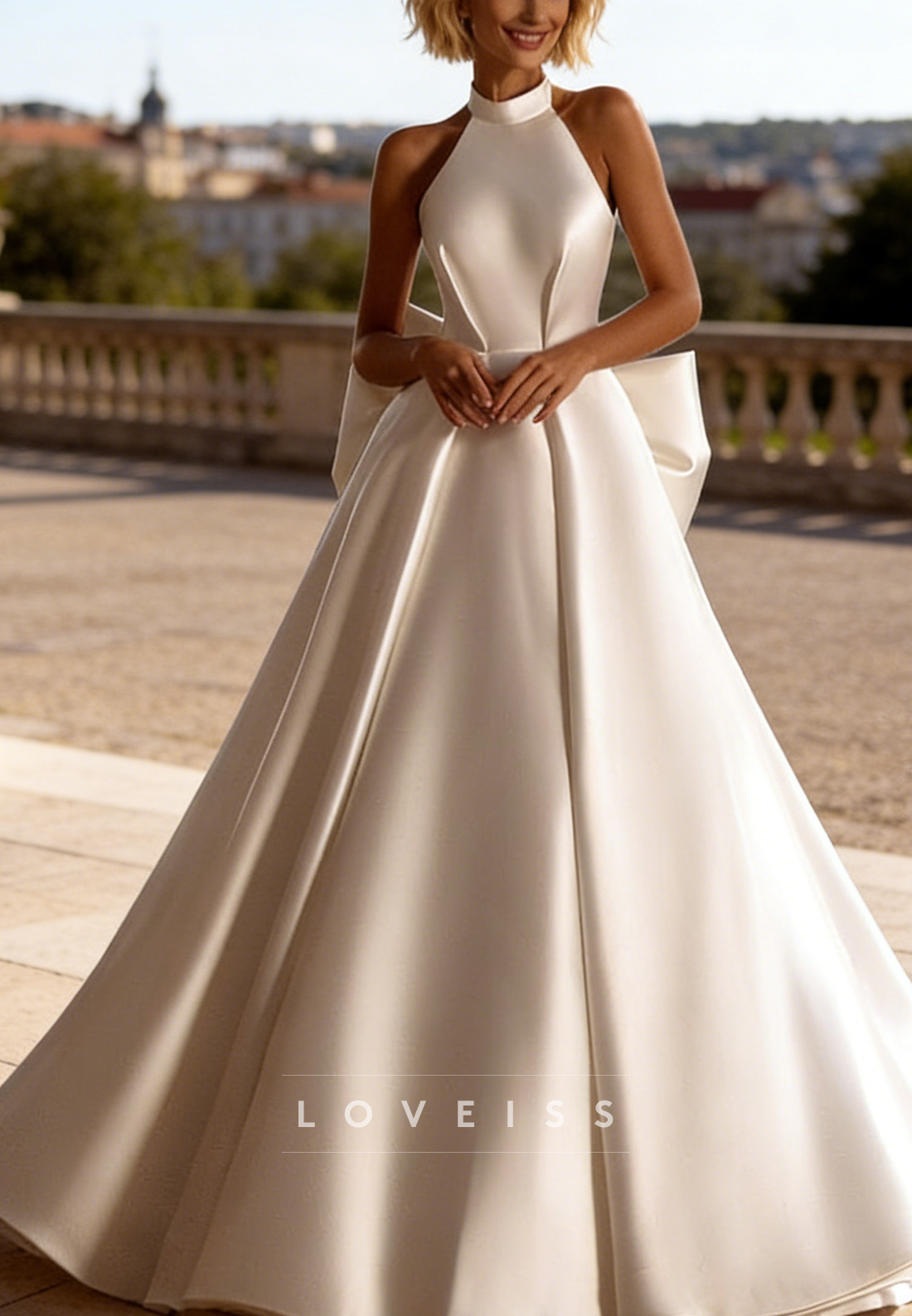 Halter Sleeveles Mikado Satin A-Line Bow  Wedding Dress