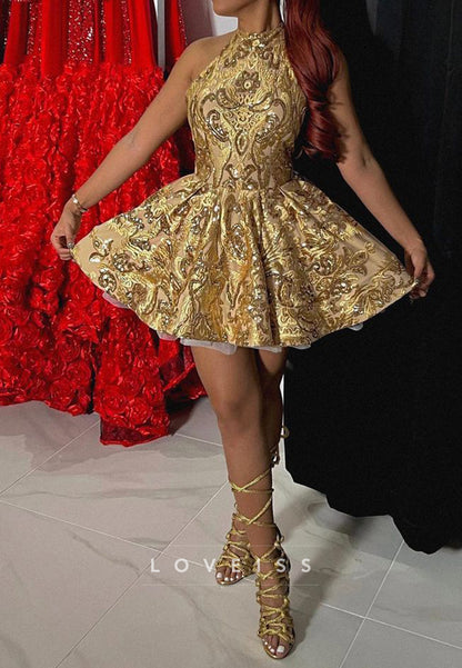 A Line Bateau Lace Short Homecoming Dress for Black Girl Gold Prom Party Dress