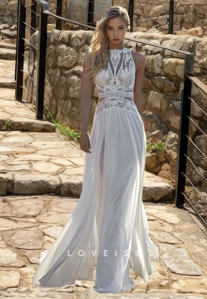 Halter Sleeveless Appliques Chiffon A-Line Boho Wedding Dress