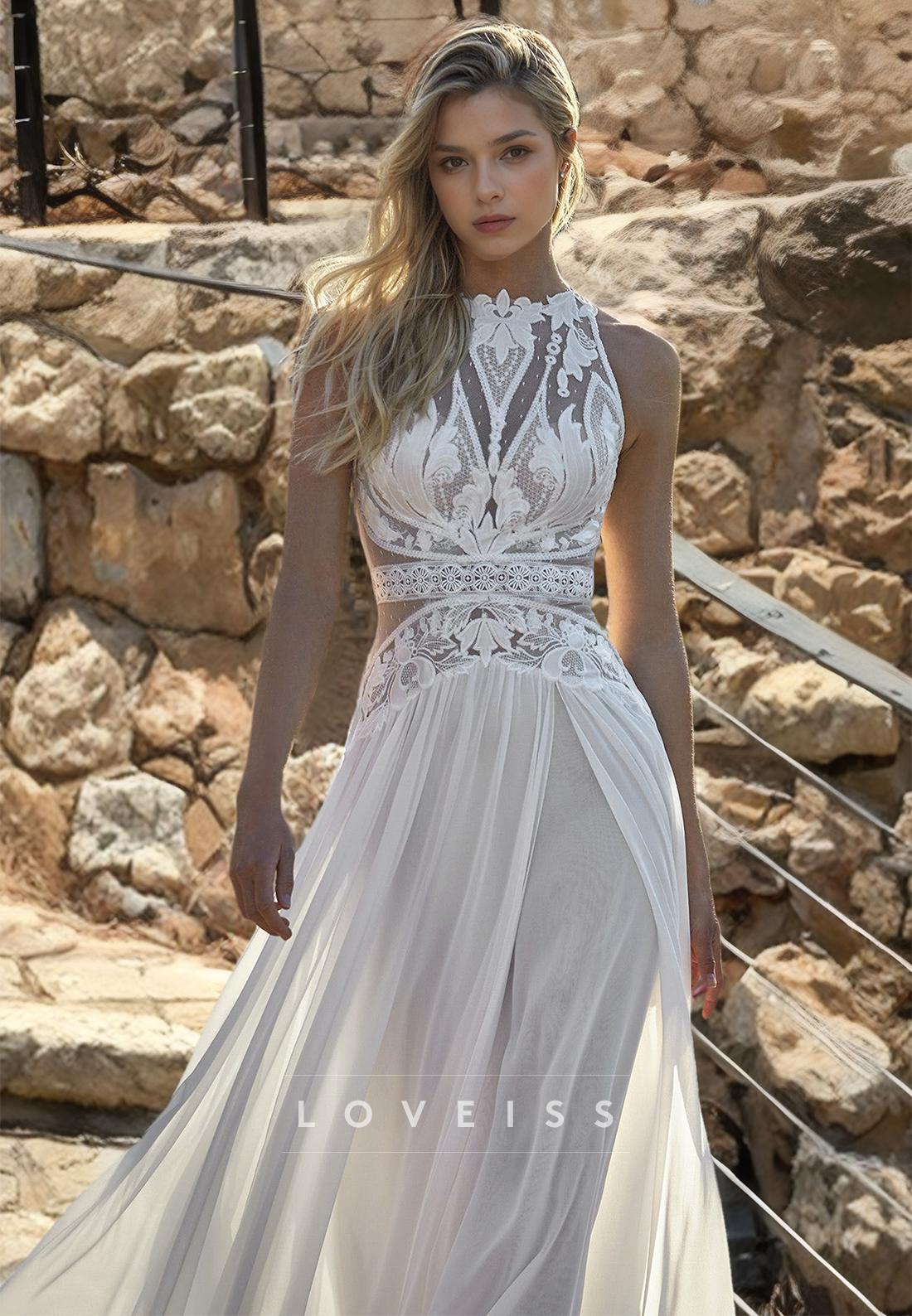 Halter Sleeveless Appliques Chiffon A-Line Boho Wedding Dress