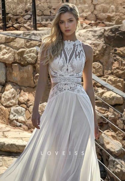 Halter Sleeveless Appliques Chiffon A-Line Boho Wedding Dress