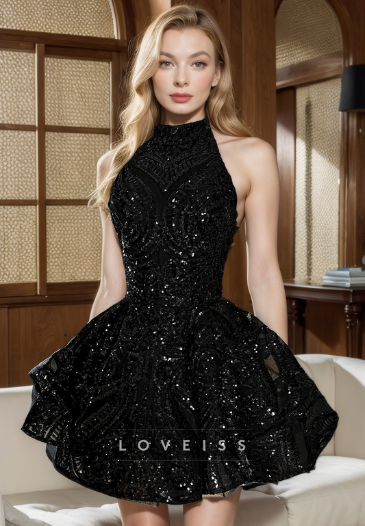 S6020 - Gorgeous & Luxurious High neck Sleeveles Sparkly Applique Homecoming Party Dress