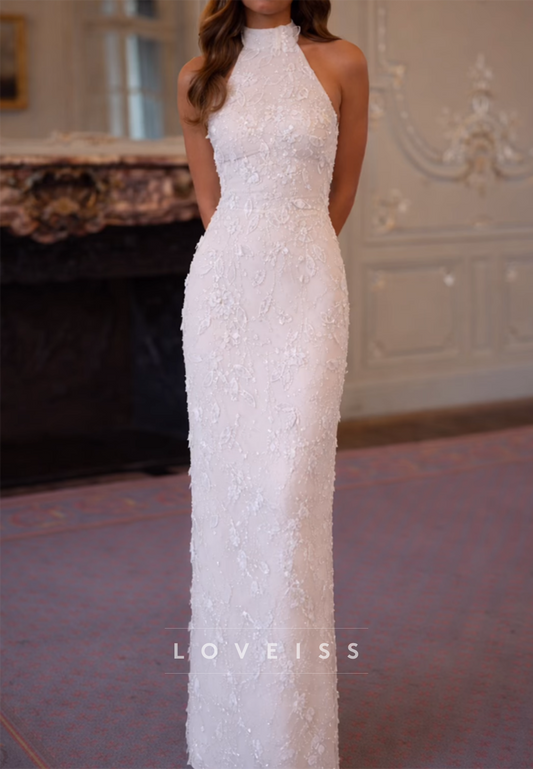 Halter Sleeveless Appliques Sheath Wedding Dress