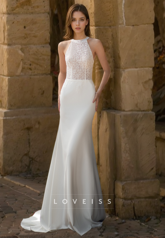 Halter Sleeveless Appliques Sleek Mermaid Removable Train Wedding Dress