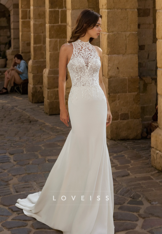 Halter Sleeveless Appliques Sleek Mermaid Wedding Dress