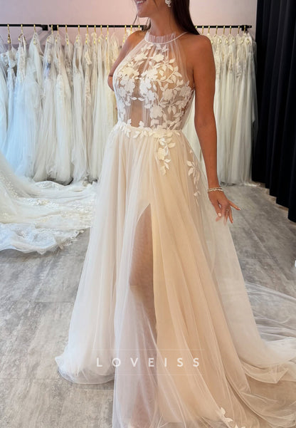 Halter Sleeveless Appliques Tulle A-Line Wedding Dress