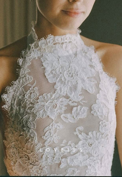 Halter Sleeveless Backless Lace Appliques Sheath Wedding Dress