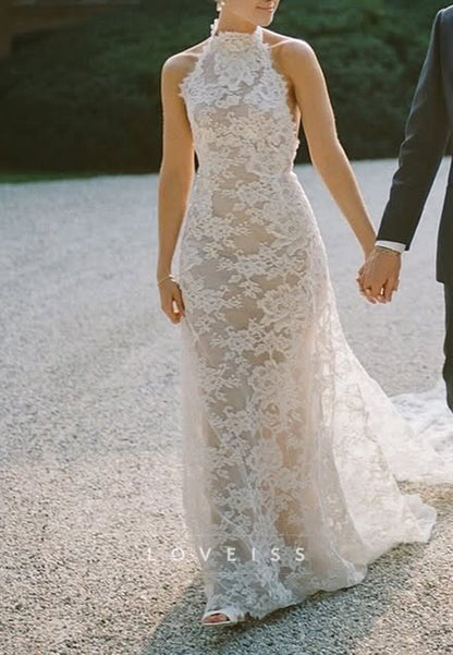 Halter Sleeveless Backless Lace Appliques Sheath Wedding Dress
