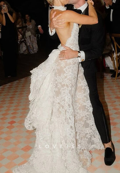 Halter Sleeveless Backless Lace Appliques Sheath Wedding Dress