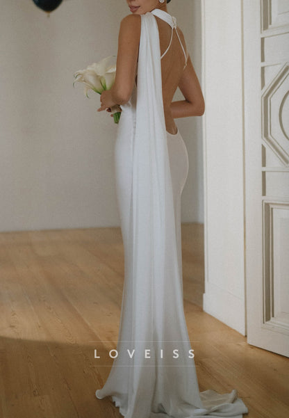Halter Sleeveless Backless Sleek Mermaid Beach Wedding Dress