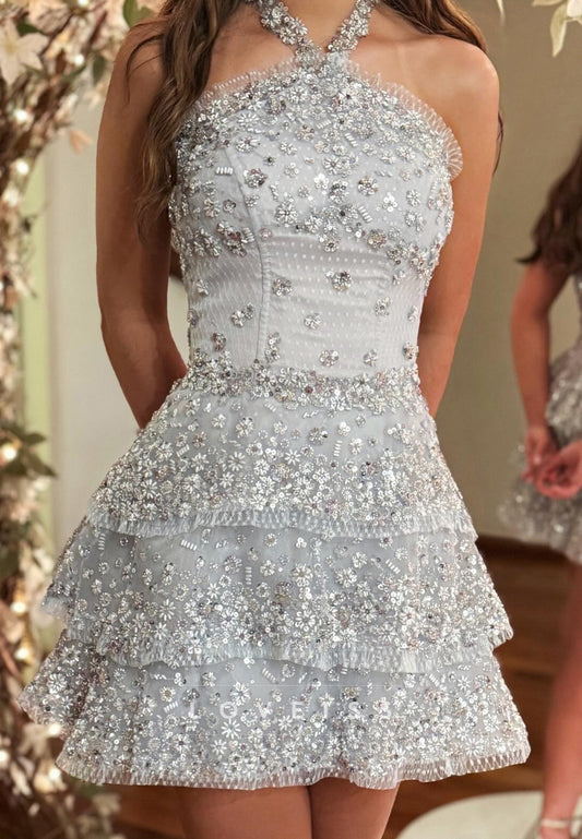 Halter Sleeveless Beaded Sparkly A-Line Short Homecoming Dress
