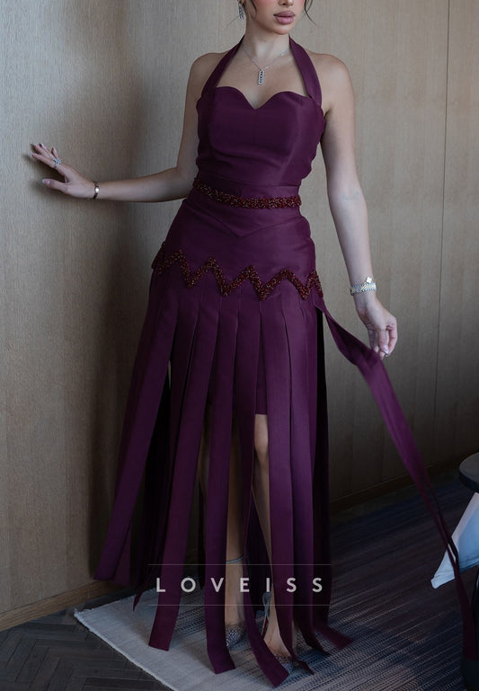 Halter Sleeveless Floor Length A-Line Evening Dress