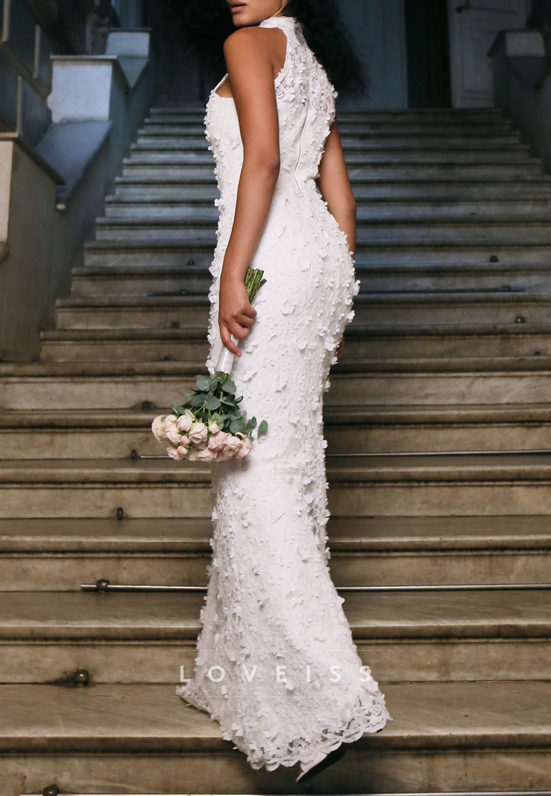 Halter Sleeveless Floral Embellished Mermaid Wedding Dress
