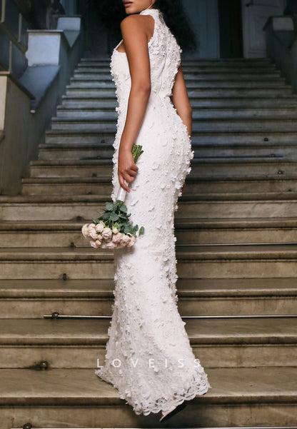 Halter Sleeveless Floral Embellished Mermaid Wedding Dress